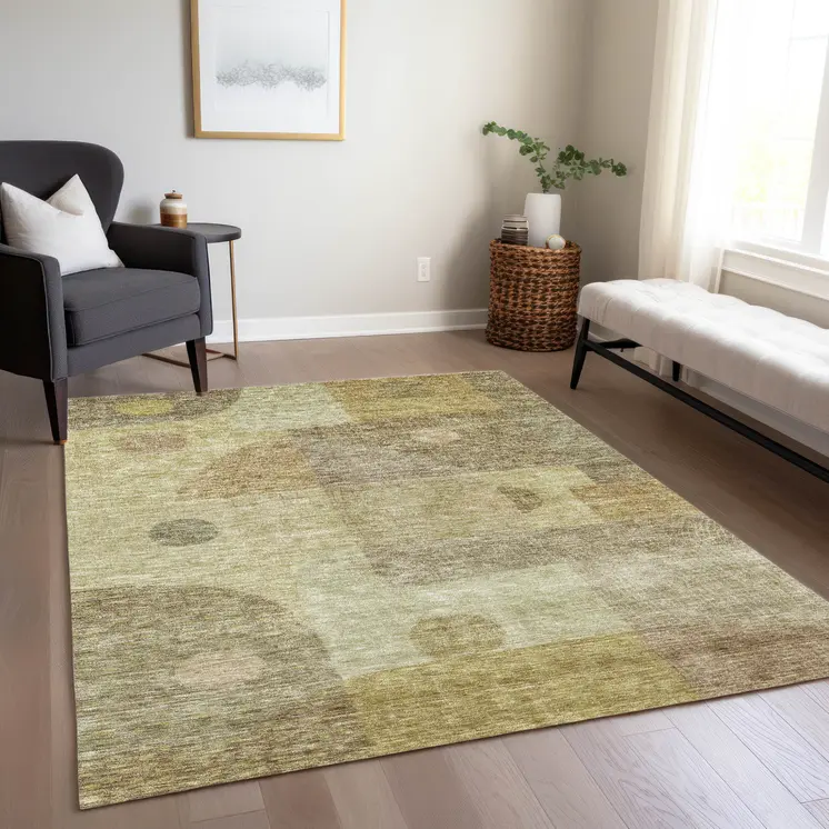 9' X 12' Beige Brown And Light Green Geometric Washable Indoor Outdoor Area Rug