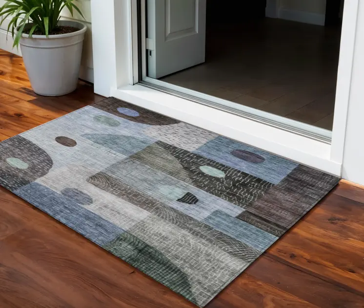 3' X 5' Blue Gray And Charcoal Geometric Washable Indoor Outdoor Area Rug