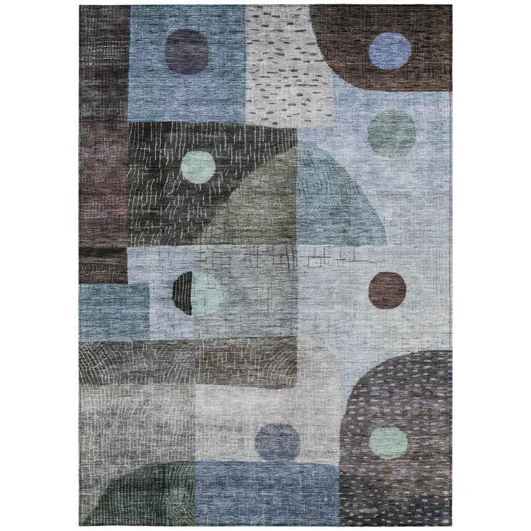 5' X 8' Blue Gray And Charcoal Geometric Washable Indoor Outdoor Area Rug