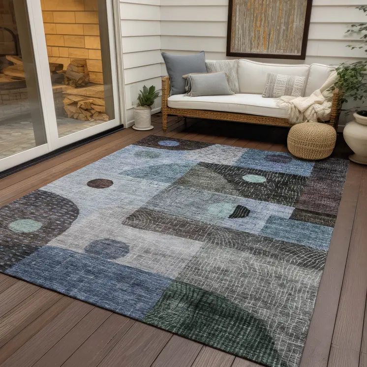 5' X 8' Blue Gray And Charcoal Geometric Washable Indoor Outdoor Area Rug