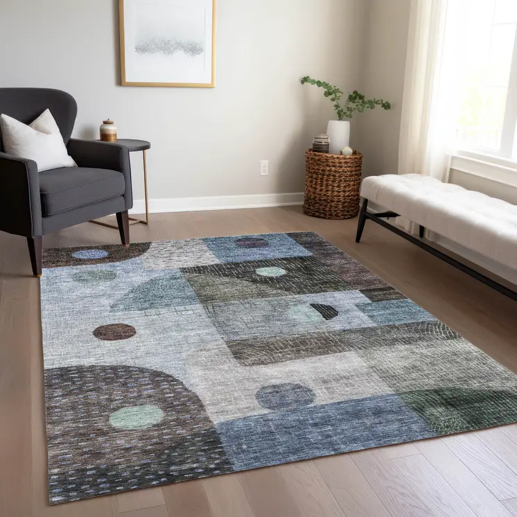 5' X 8' Blue Gray And Charcoal Geometric Washable Indoor Outdoor Area Rug
