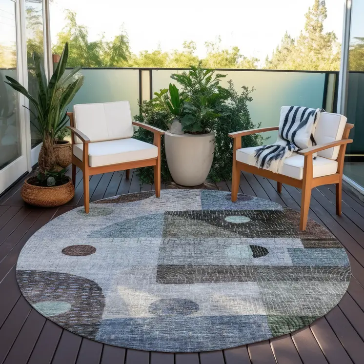 8' Blue Gray And Charcoal Round Geometric Washable Indoor Outdoor Area Rug