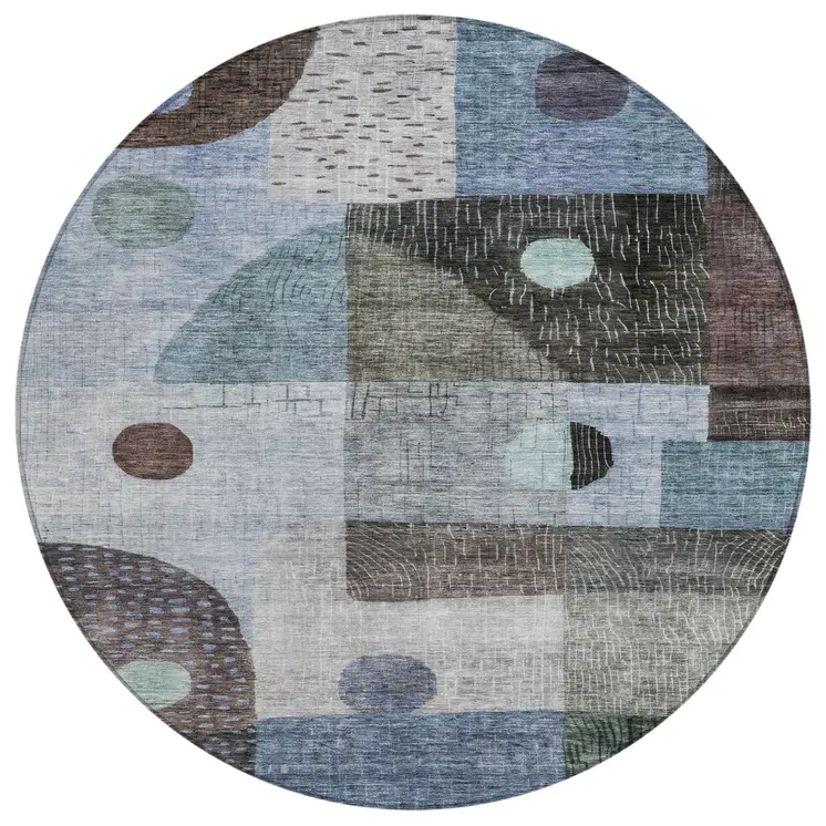 8' Blue Gray And Charcoal Round Geometric Washable Indoor Outdoor Area Rug