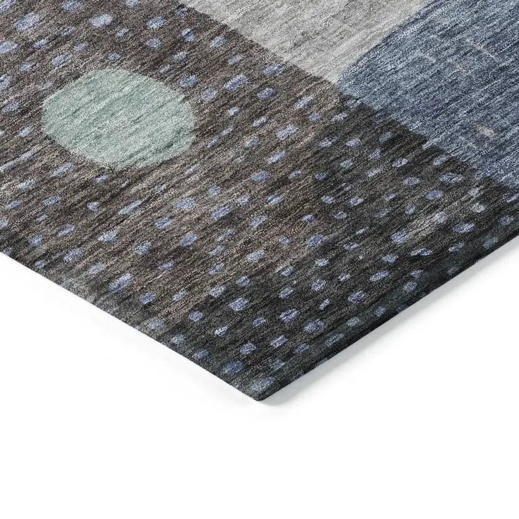 8' Blue Gray And Charcoal Round Geometric Washable Indoor Outdoor Area Rug