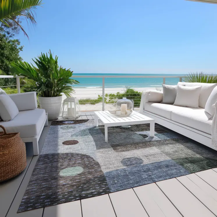 8' X 10' Blue Gray And Charcoal Geometric Washable Indoor Outdoor Area Rug