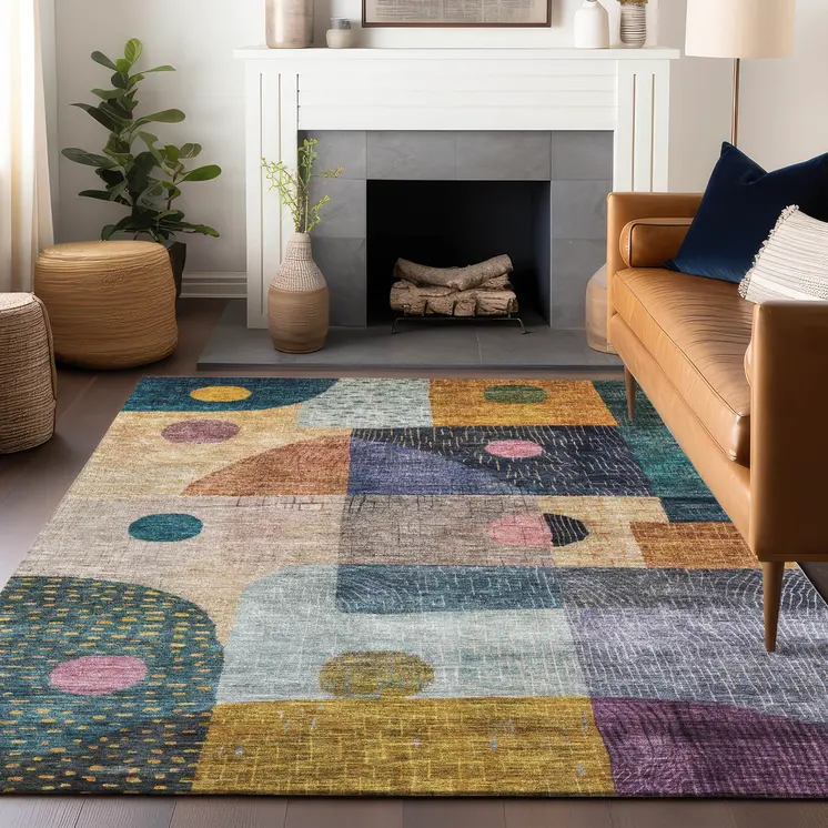 5' X 8' Green Purple And Blue Geometric Washable Indoor Outdoor Area Rug