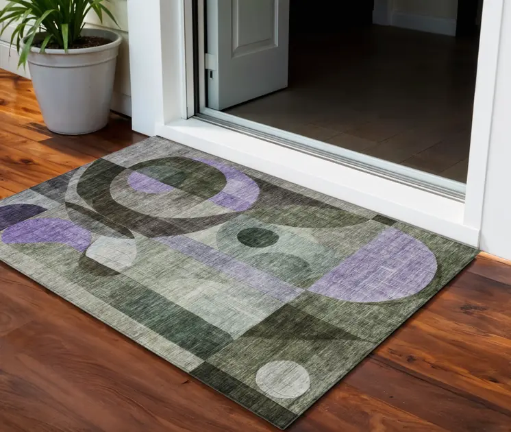 3' X 5' Olive Green Purple And Gray Geometric Washable Indoor Outdoor Area Rug