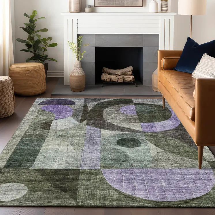 3' X 5' Olive Green Purple And Gray Geometric Washable Indoor Outdoor Area Rug