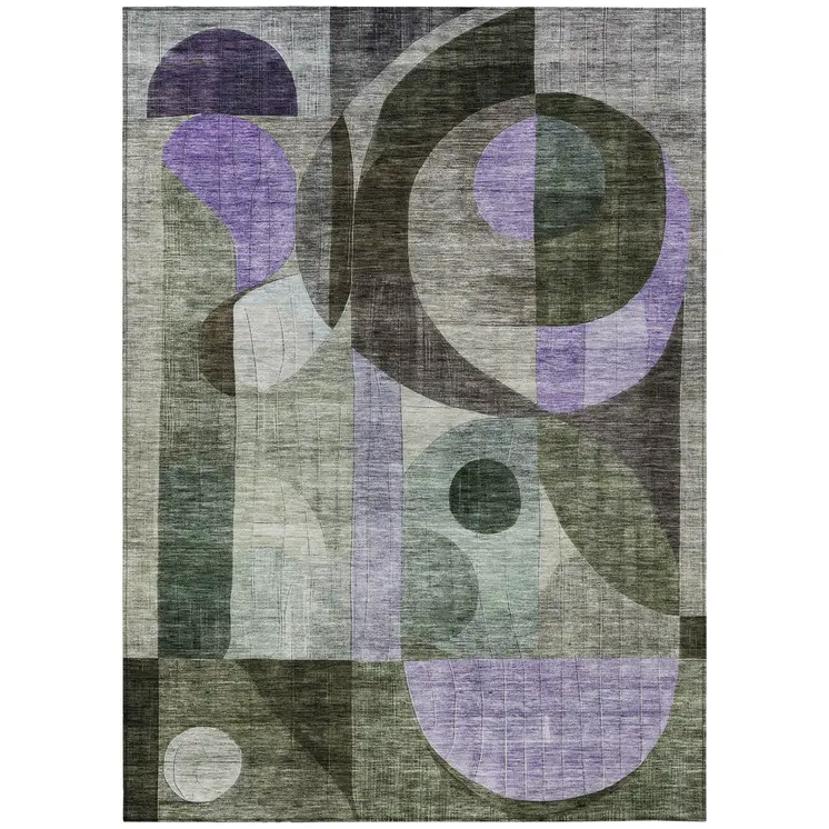 5' X 8' Olive Green Purple And Gray Geometric Washable Indoor Outdoor Area Rug