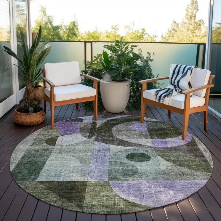8' Olive Green Purple And Gray Round Geometric Washable Indoor Outdoor Area Rug