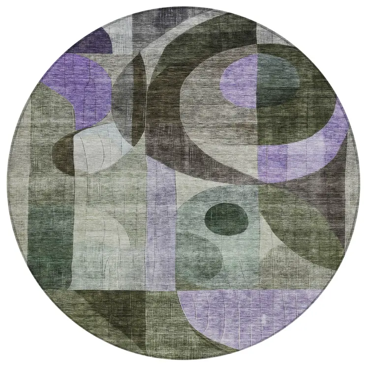 8' Olive Green Purple And Gray Round Geometric Washable Indoor Outdoor Area Rug