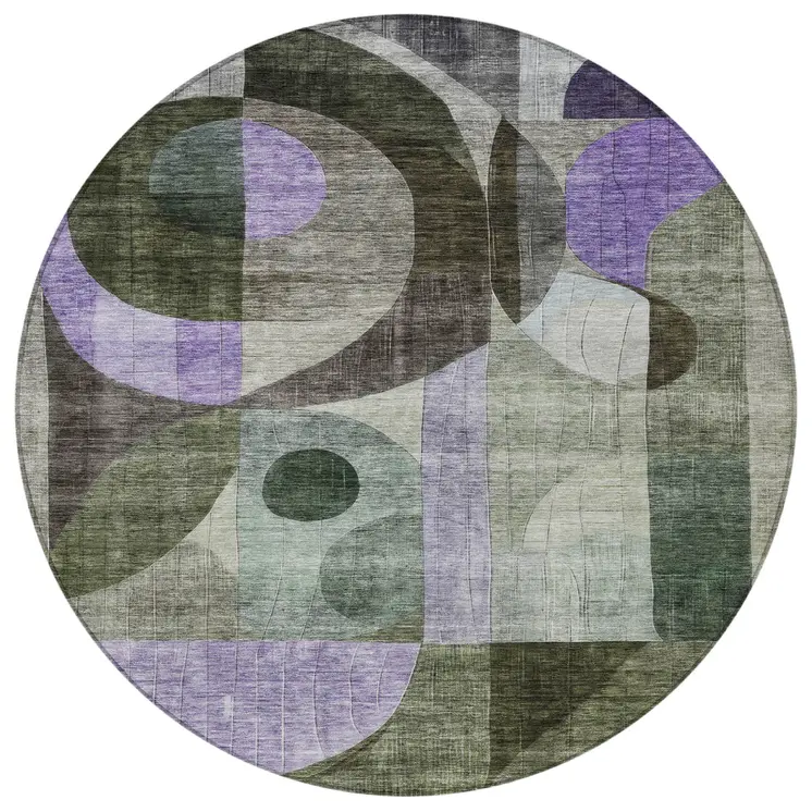8' Olive Green Purple And Gray Round Geometric Washable Indoor Outdoor Area Rug