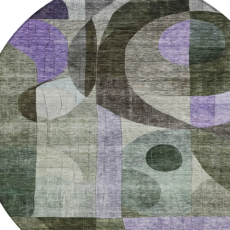 8' Olive Green Purple And Gray Round Geometric Washable Indoor Outdoor Area Rug