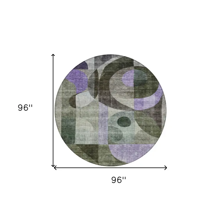8' Olive Green Purple And Gray Round Geometric Washable Indoor Outdoor Area Rug