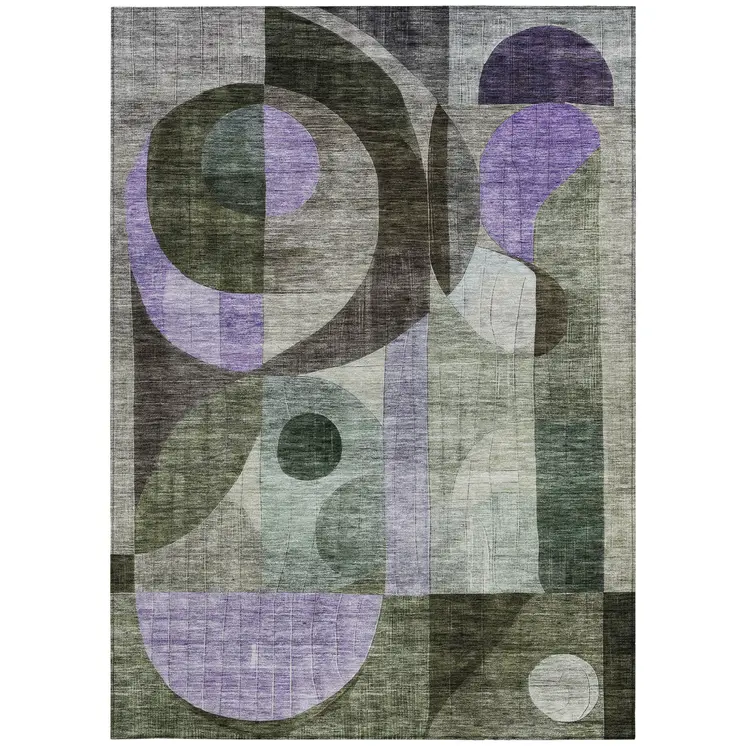 8' X 10' Olive Green Purple And Gray Geometric Washable Indoor Outdoor Area Rug