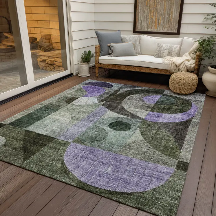 9' X 12' Olive Green Purple And Gray Geometric Washable Indoor Outdoor Area Rug