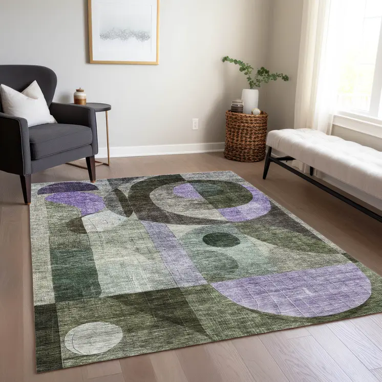 9' X 12' Olive Green Purple And Gray Geometric Washable Indoor Outdoor Area Rug