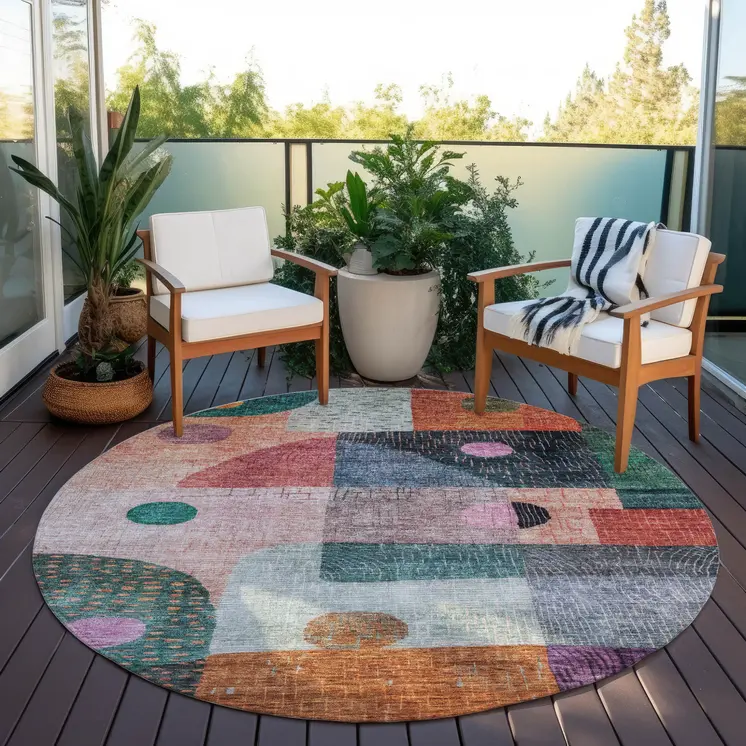 8' Orange Purple And Green Round Geometric Washable Indoor Outdoor Area Rug