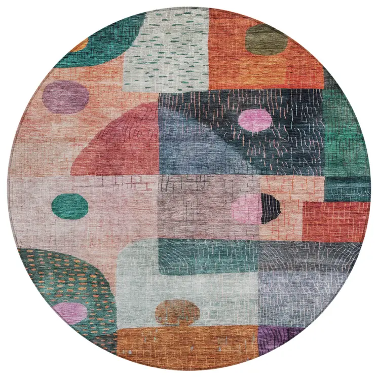 8' Orange Purple And Green Round Geometric Washable Indoor Outdoor Area Rug