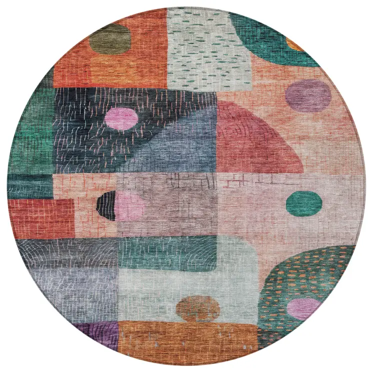 8' Orange Purple And Green Round Geometric Washable Indoor Outdoor Area Rug