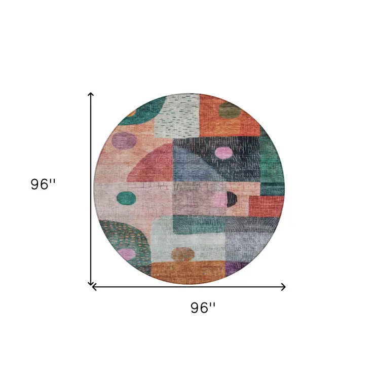 8' Orange Purple And Green Round Geometric Washable Indoor Outdoor Area Rug
