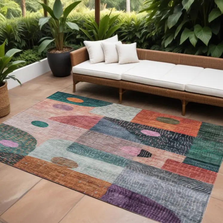 10' X 14' Orange Purple And Green Geometric Washable Indoor Outdoor Area Rug