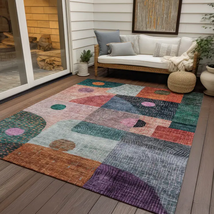 10' X 14' Orange Purple And Green Geometric Washable Indoor Outdoor Area Rug