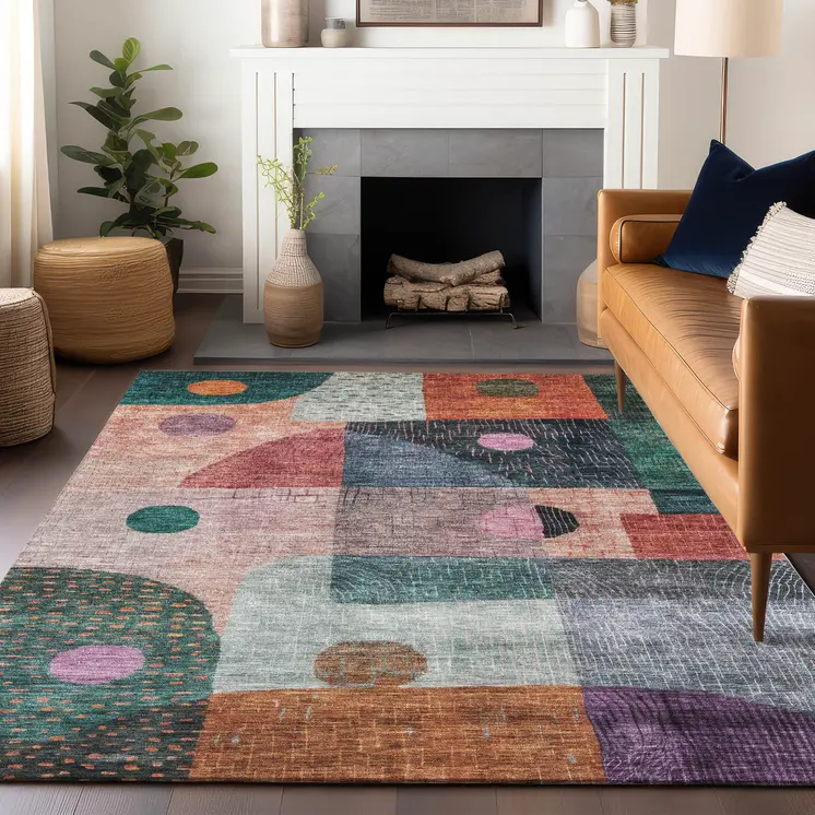 10' X 14' Orange Purple And Green Geometric Washable Indoor Outdoor Area Rug