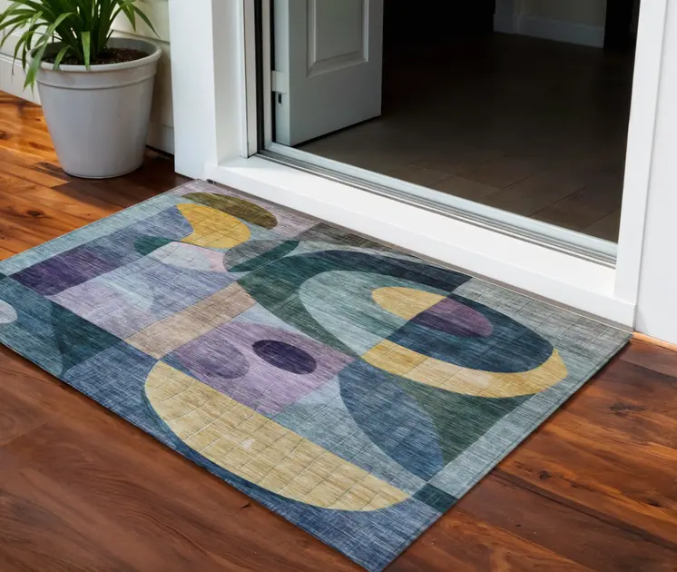 3' X 5' Blue Purple And Copper Abstract Washable Indoor Outdoor Area Rug