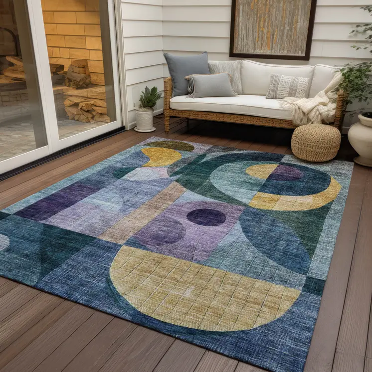 3' X 5' Blue Purple And Copper Abstract Washable Indoor Outdoor Area Rug