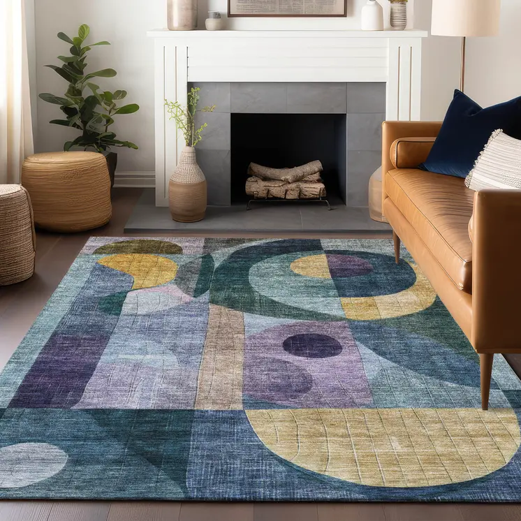 3' X 5' Blue Purple And Copper Abstract Washable Indoor Outdoor Area Rug
