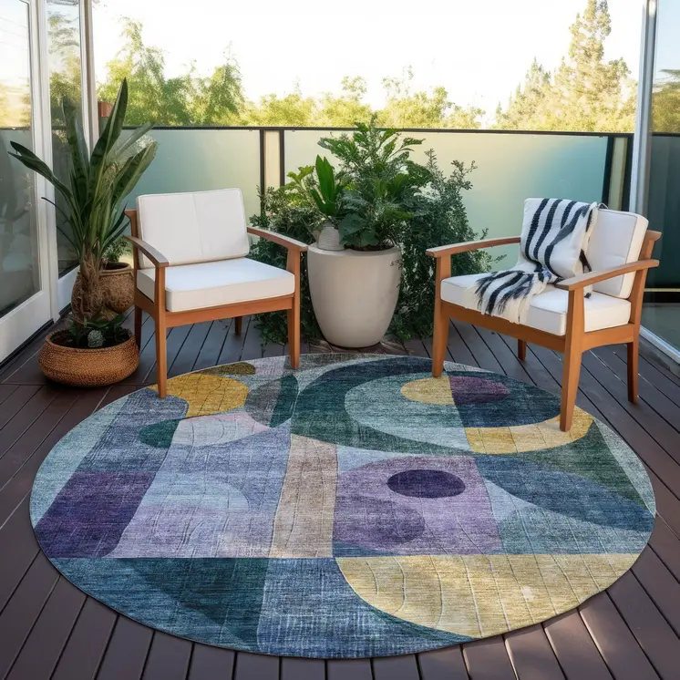 8' Blue Purple And Copper Round Abstract Washable Indoor Outdoor Area Rug