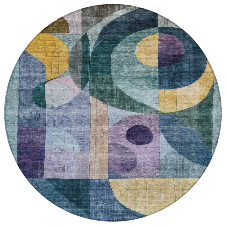 8' Blue Purple And Copper Round Abstract Washable Indoor Outdoor Area Rug