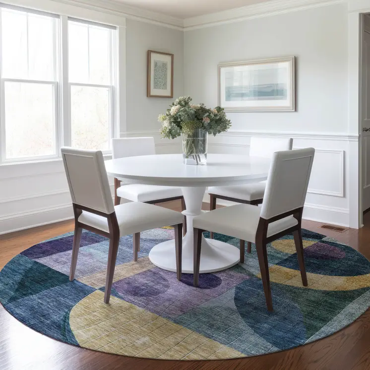 8' Blue Purple And Copper Round Abstract Washable Indoor Outdoor Area Rug