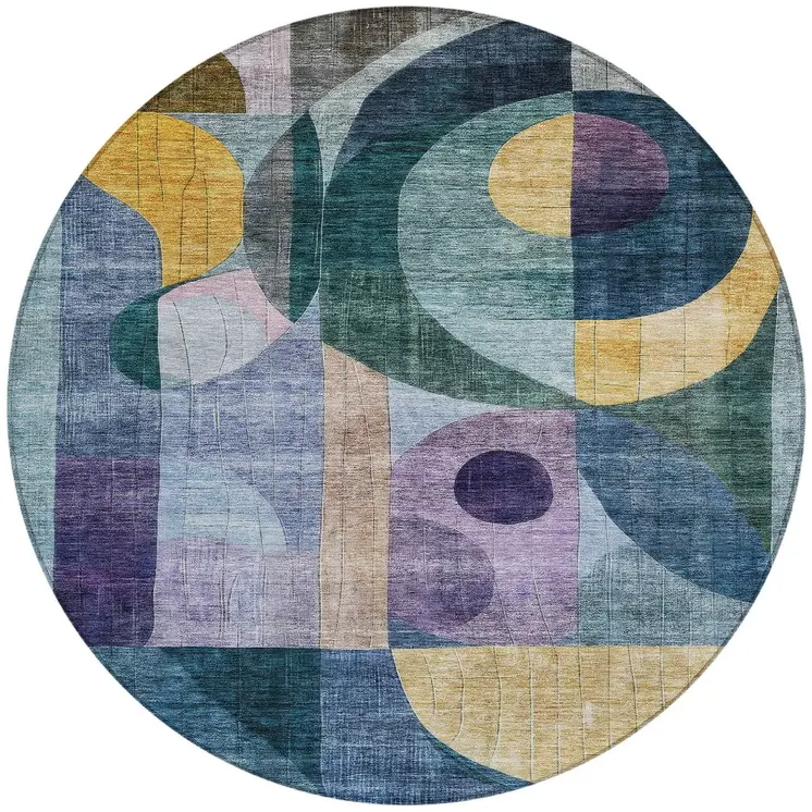 8' Blue Purple And Copper Round Abstract Washable Indoor Outdoor Area Rug