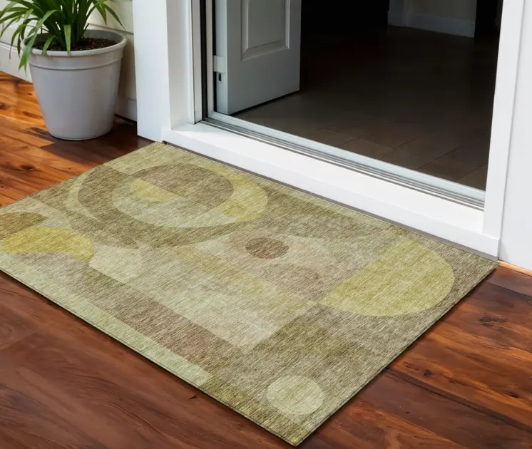 3' X 5' Wheat And Brown Abstract Washable Indoor Outdoor Area Rug
