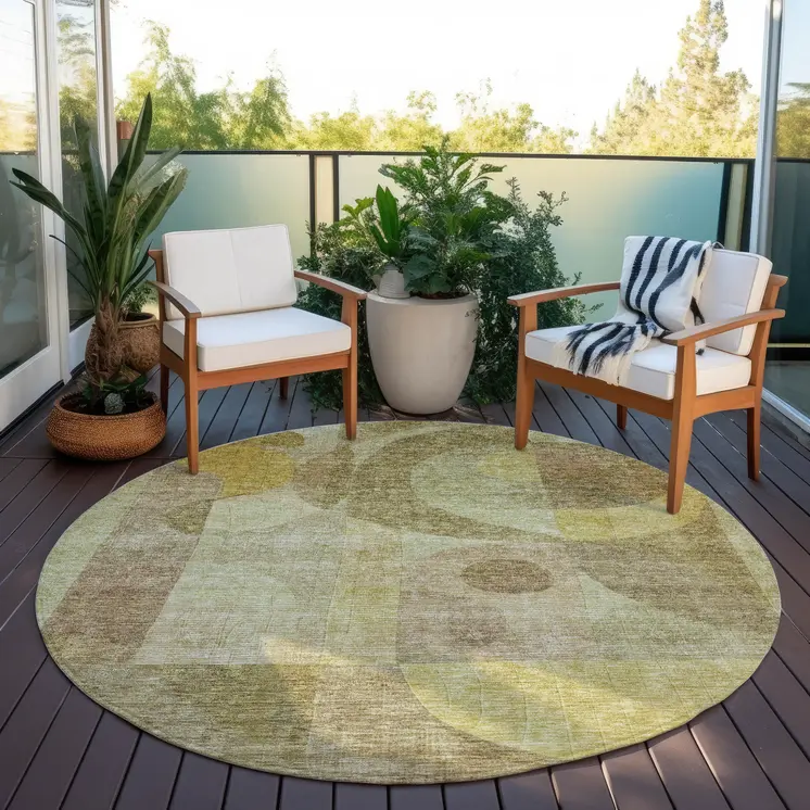 8' Wheat And Brown Round Abstract Washable Indoor Outdoor Area Rug