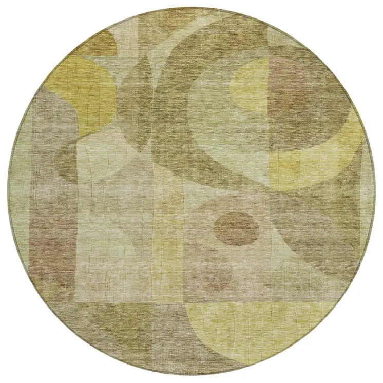 8' Wheat And Brown Round Abstract Washable Indoor Outdoor Area Rug
