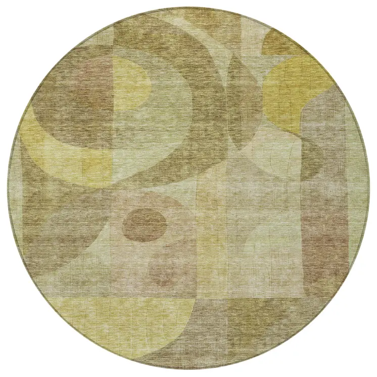 8' Wheat And Brown Round Abstract Washable Indoor Outdoor Area Rug