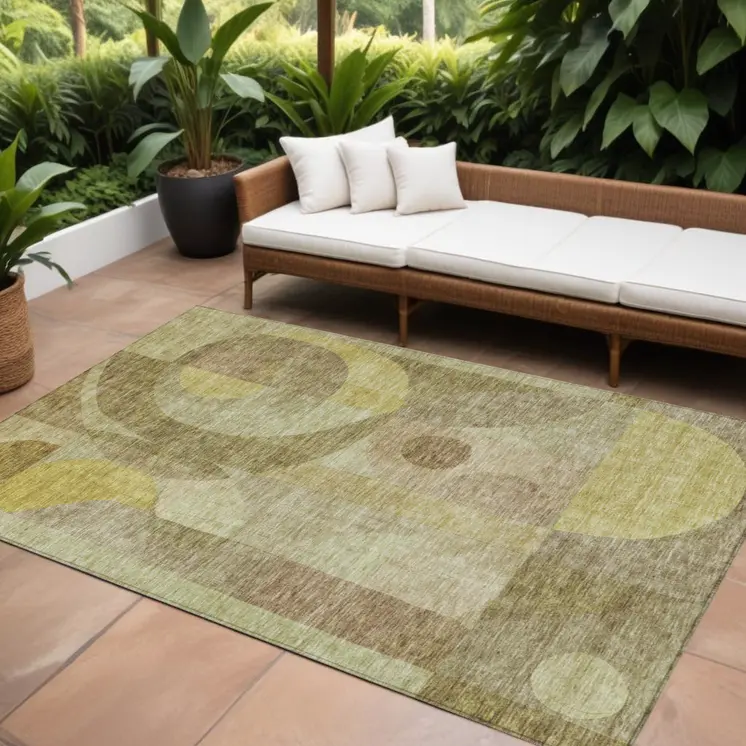 10' X 14' Wheat And Brown Abstract Washable Indoor Outdoor Area Rug