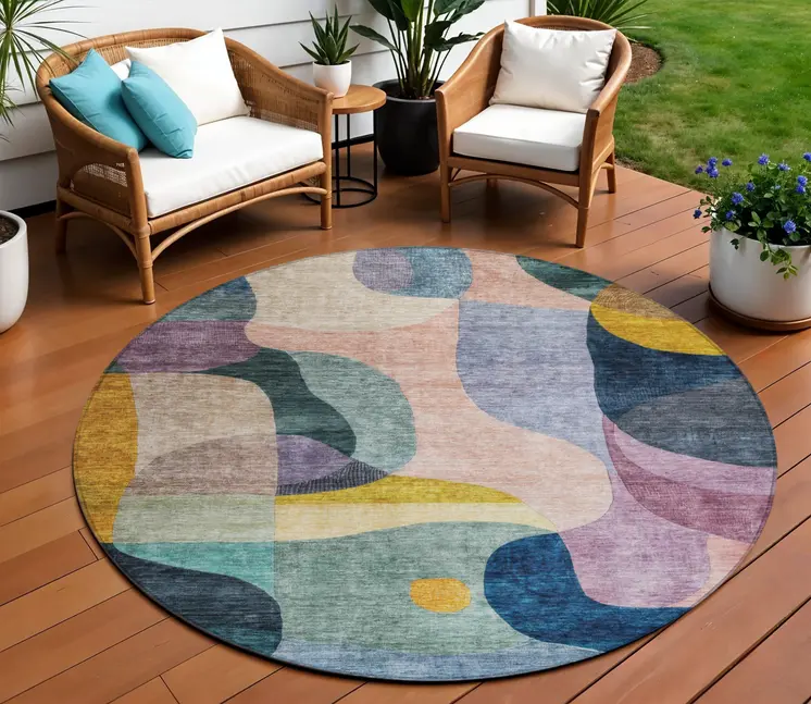 8' Green Purple And Pink Round Abstract Washable Indoor Outdoor Area Rug