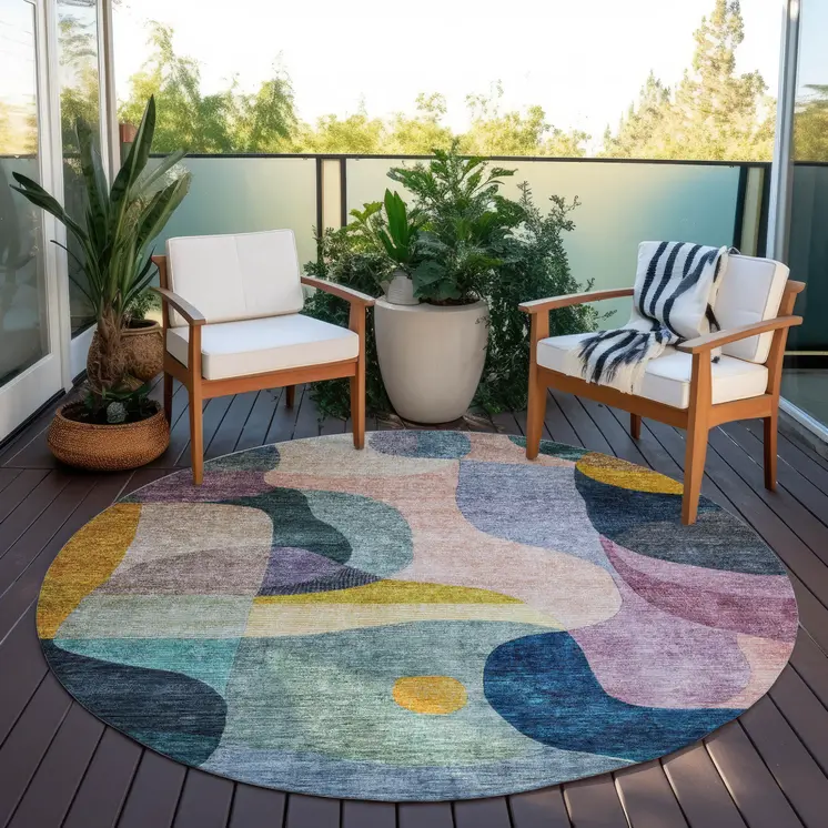 8' Green Purple And Pink Round Abstract Washable Indoor Outdoor Area Rug