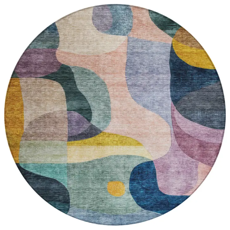 8' Green Purple And Pink Round Abstract Washable Indoor Outdoor Area Rug