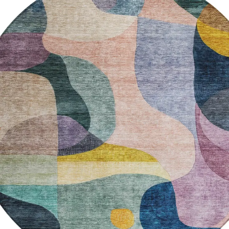 8' Green Purple And Pink Round Abstract Washable Indoor Outdoor Area Rug