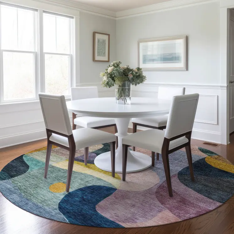 8' Green Purple And Pink Round Abstract Washable Indoor Outdoor Area Rug