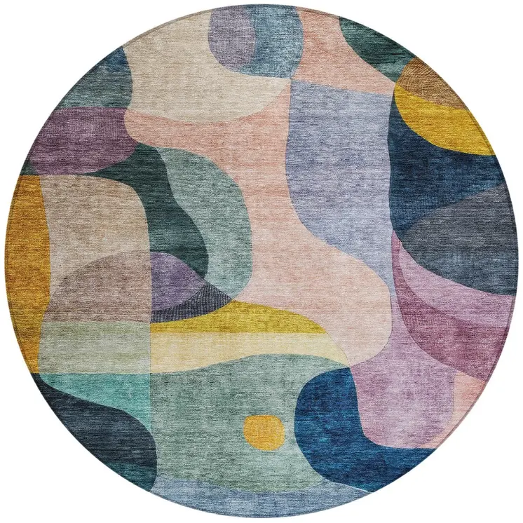 8' Green Purple And Pink Round Abstract Washable Indoor Outdoor Area Rug