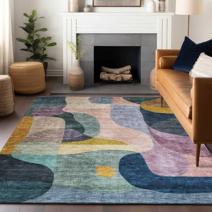 8' X 10' Green Purple And Pink Abstract Washable Indoor Outdoor Area Rug