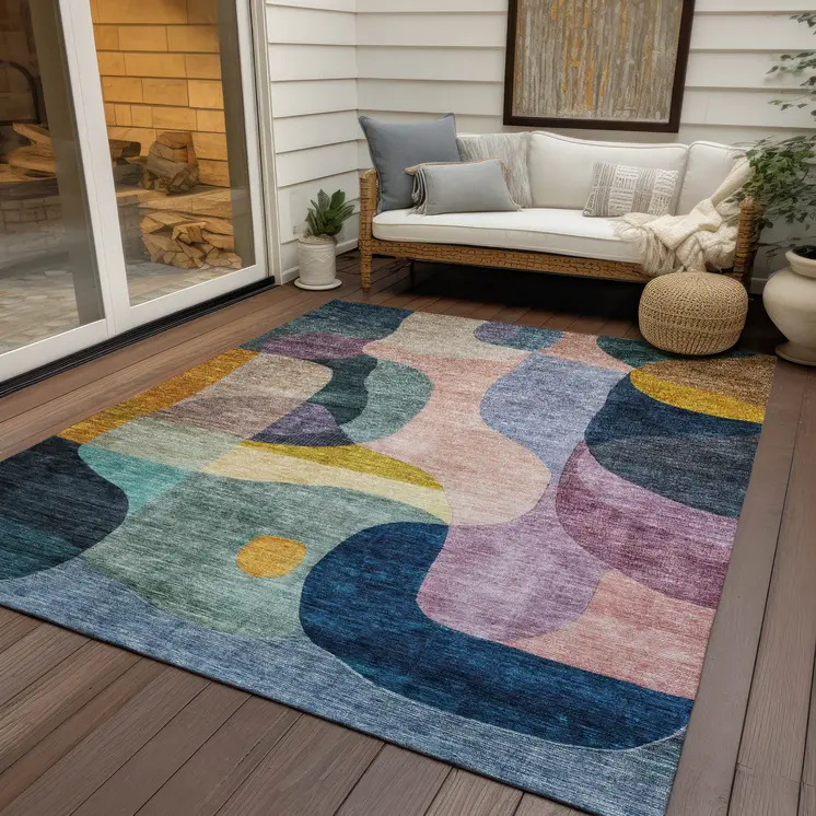 9' X 12' Green Purple And Pink Abstract Washable Indoor Outdoor Area Rug