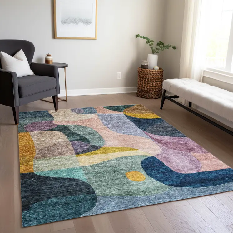 9' X 12' Green Purple And Pink Abstract Washable Indoor Outdoor Area Rug