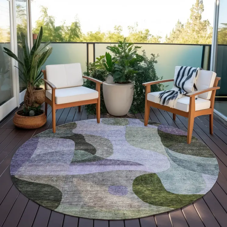 8' Olive Green Purple And Charcoal Round Abstract Washable Indoor Outdoor Area Rug